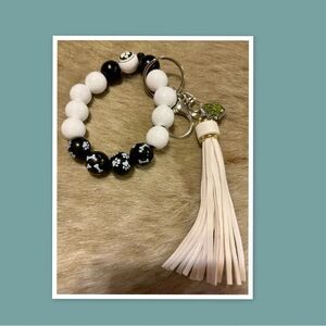 Dog Paw Print Wristlet Keychain with Wooden Beads & White Tassel